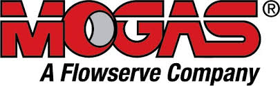 MOGAS logo in bold red letters with a gray circle in the "O," above the words "A Flowserve Company" in black text.