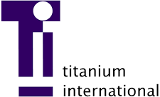A stylized purple "T" with a white circle on top, resembling a person, appears next to the text "titanium international" in lowercase black letters.